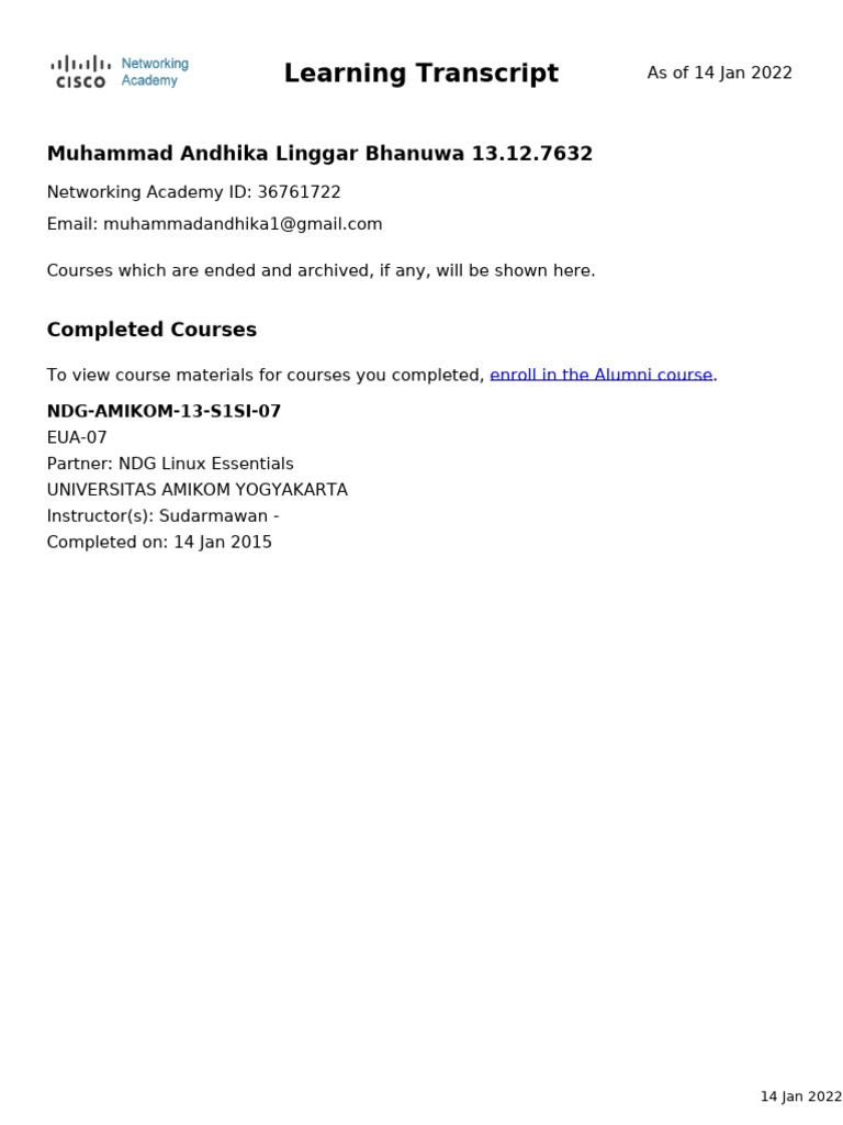 NetAcad Learning Transcript | PDF