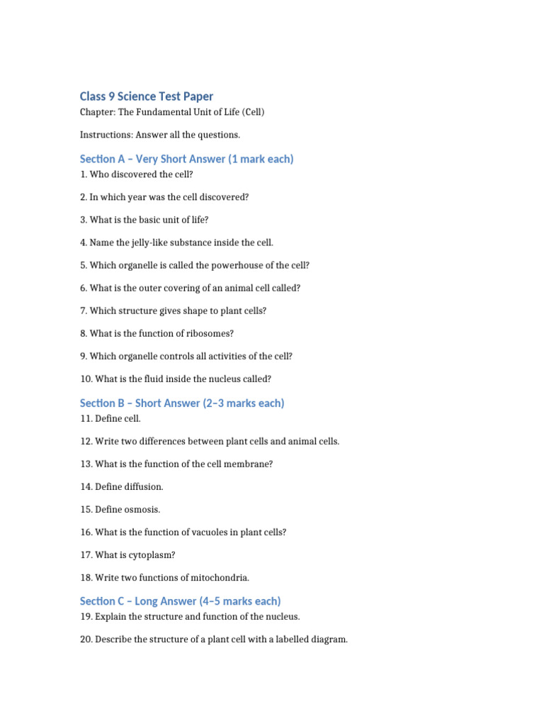 Class9 Cell Big Test Paper-3 | PDF