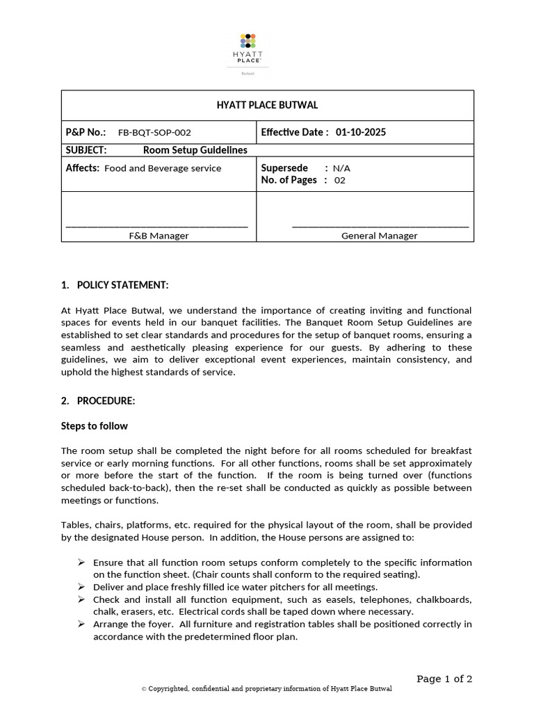 FB BQT SOP 002 Room Setup Guidelines | PDF
