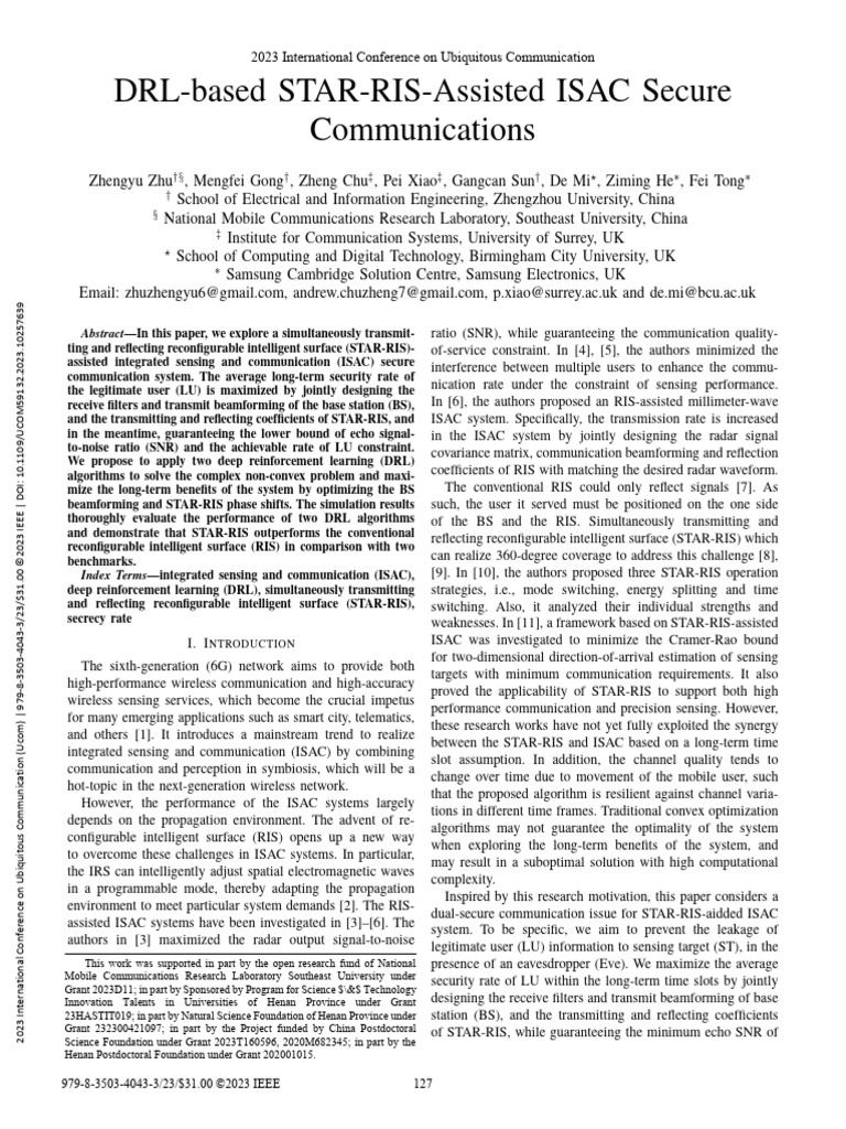 DRL-based STAR-RIS-Assisted ISAC Secure Communications | PDF ...