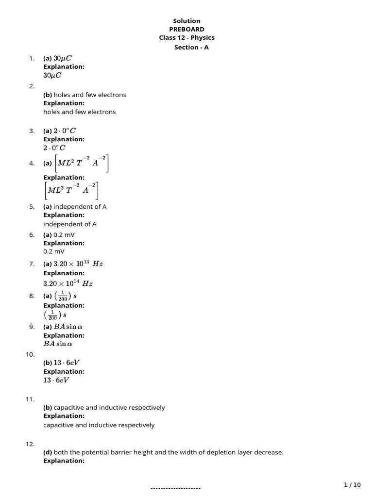 Solution-preboard Physics 3 Jan 26 | PDF | Physical Sciences | Applied ...