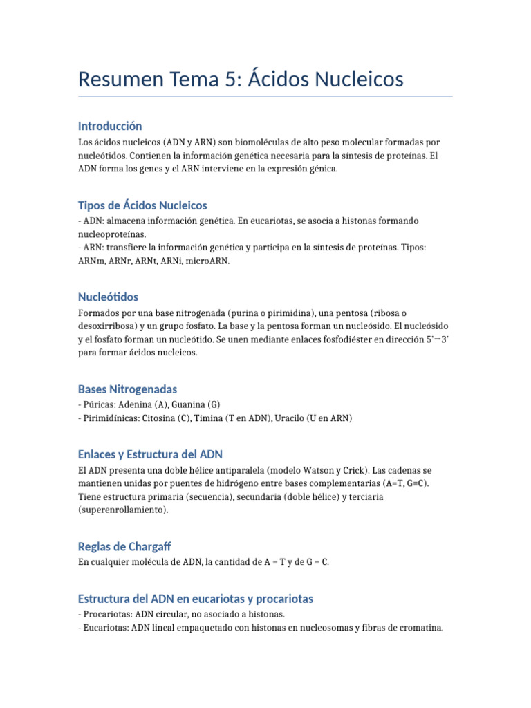 Tema 5. Ácidos nucleicos | PDF | Adn | Rna