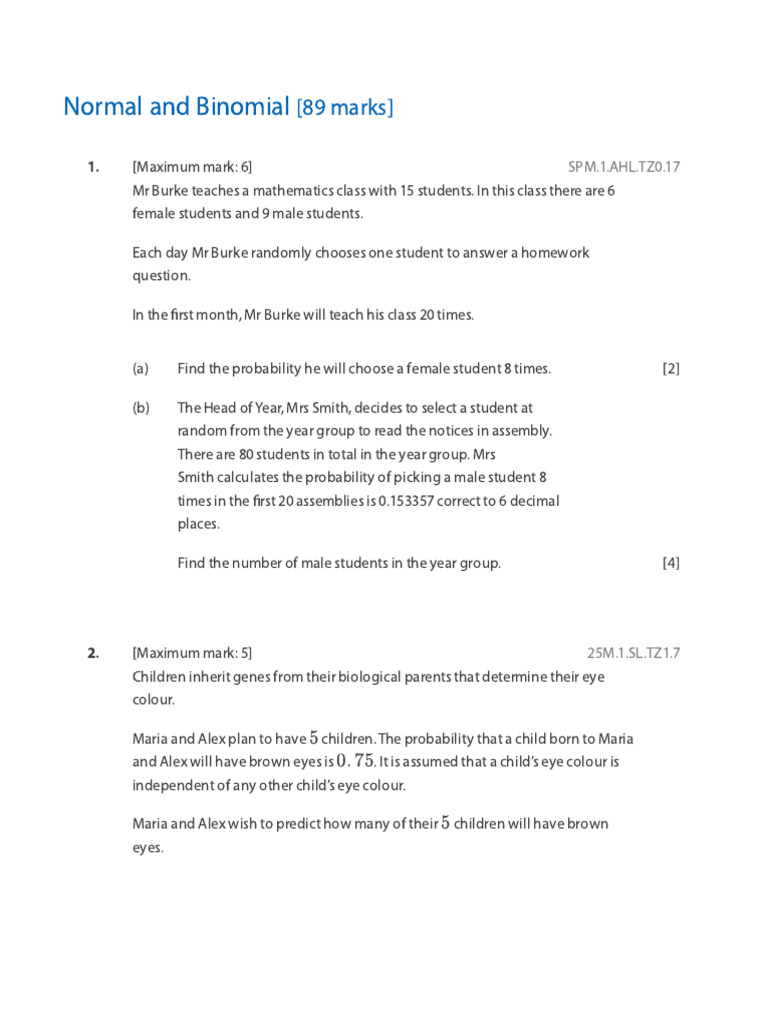 Normal and Binomial Questions | PDF | Normal Distribution | Standard ...