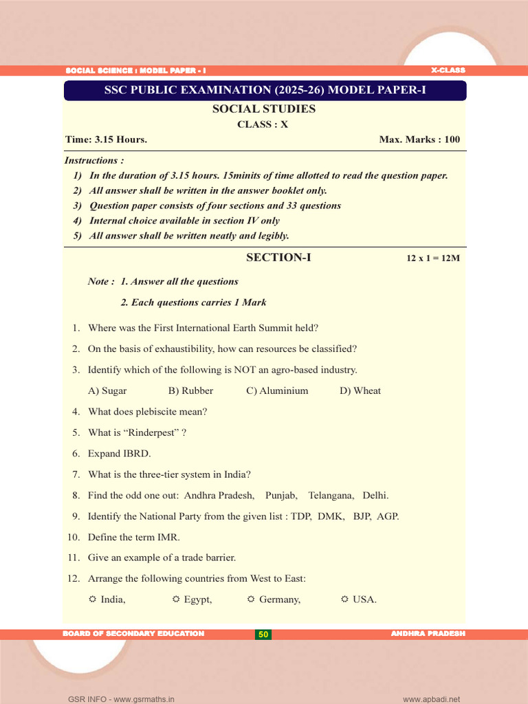 SSC Social SCERT AP Model Paper 1 With Key | PDF | Rice