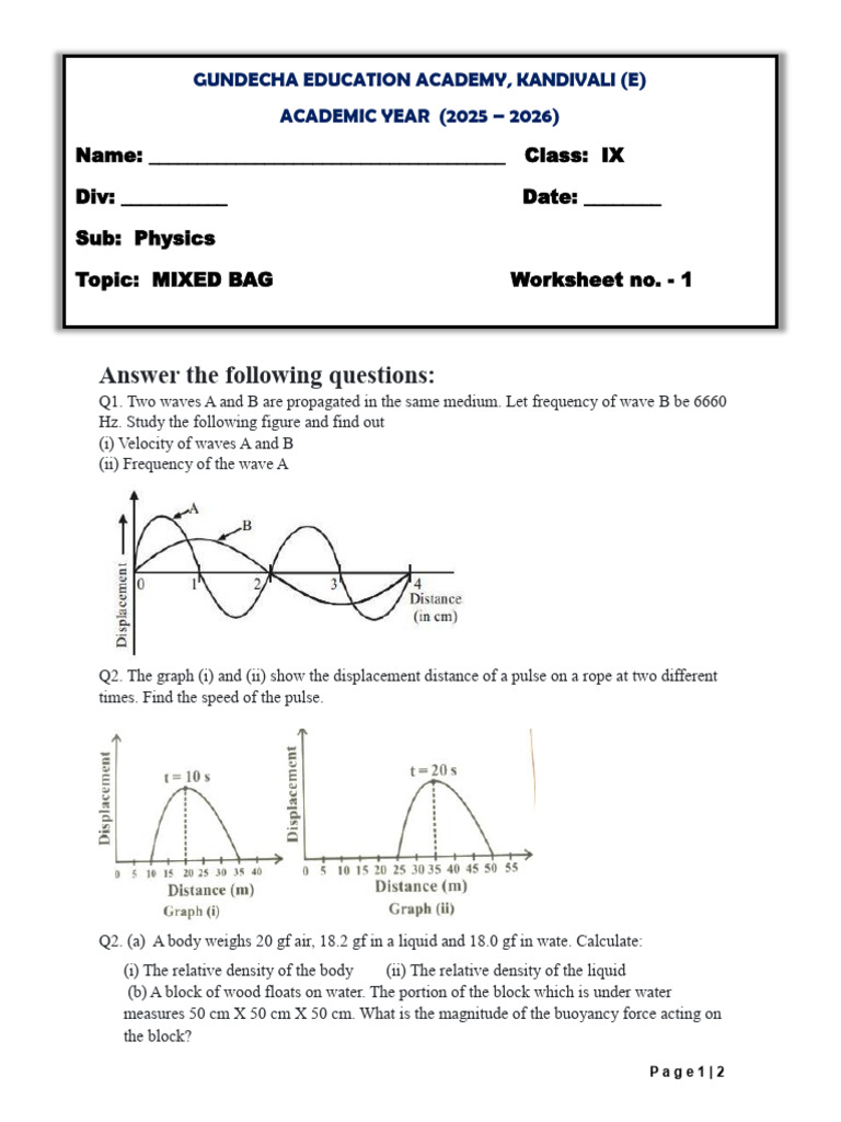 IX Physics Worksheet - 1 2025 - 2026 | PDF | Waves | Force