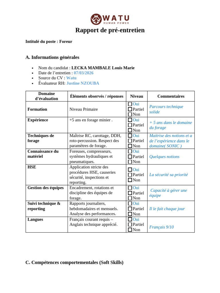 Fiche - PréEntretien - Foreur - LECKA MAMBALE Louis Marie | PDF