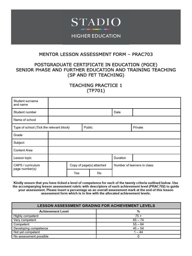 TP701 - PGCEM4 Mentor Lesson Assessment Form PRAC703 | PDF | Curriculum ...