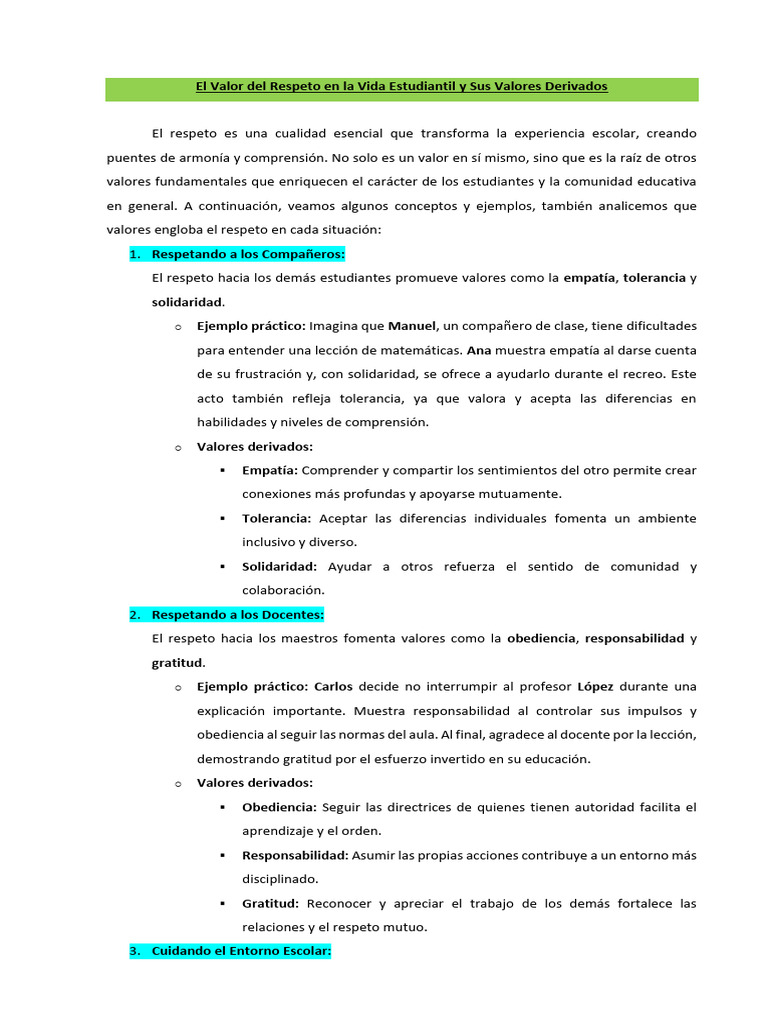 El Valor Del Respeto en La Vida Estudiantil y Sus Valores Derivados ...