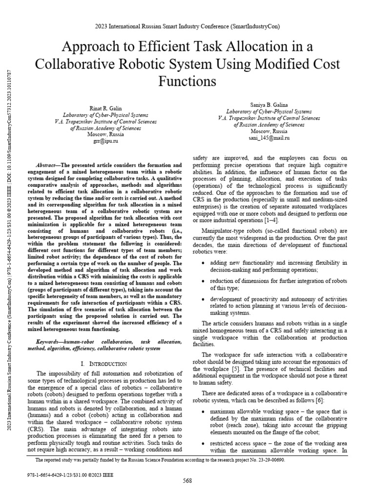 Approach to Efficient Task Allocation in a Collaborative Robotic System ...