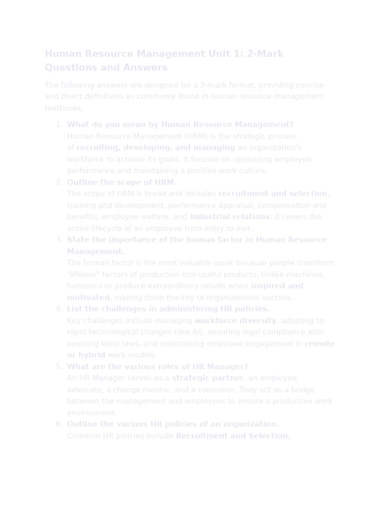 HRM unit 1 ( 2 mark ) | PDF | Human Resource Management | Human Resources
