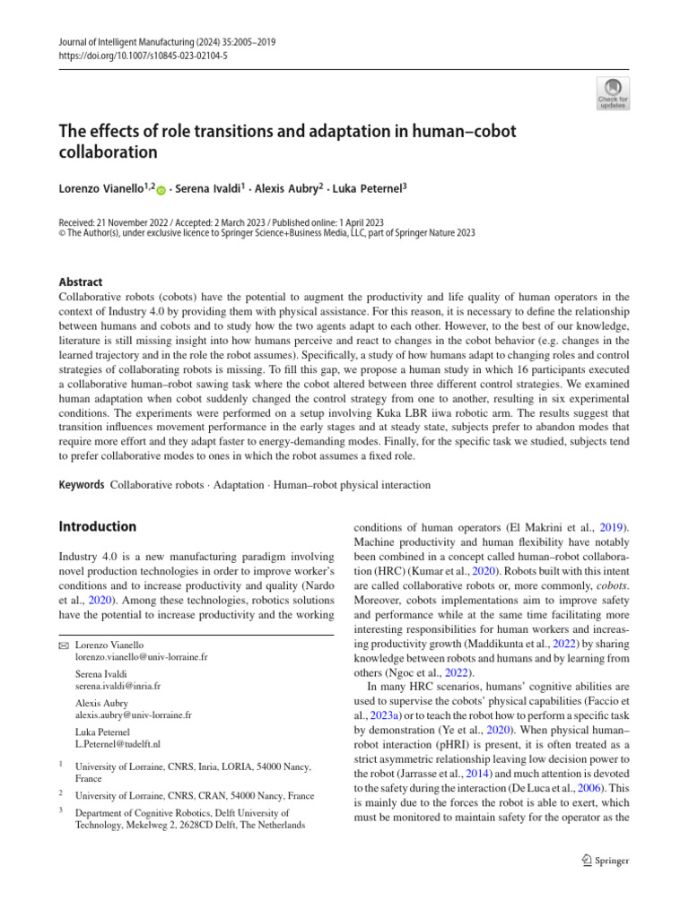 The Effects of Role Transitions and Adaptation in Human-Cobot | PDF ...
