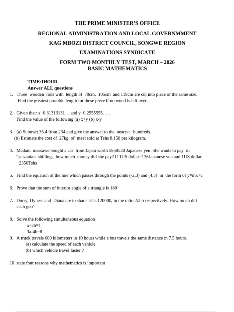 Form Two Basic Mathematics Monthly Test | PDF