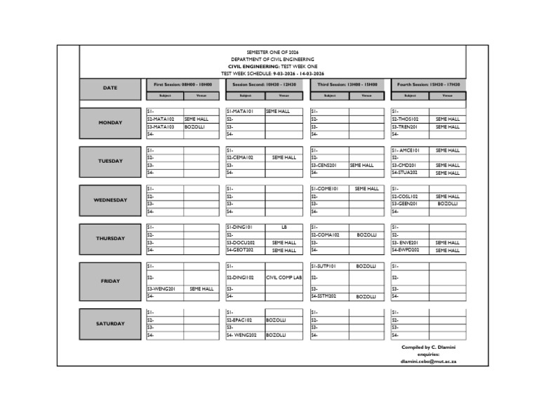 Civil Test Week 1 Timetable, Sem1.2026 | PDF