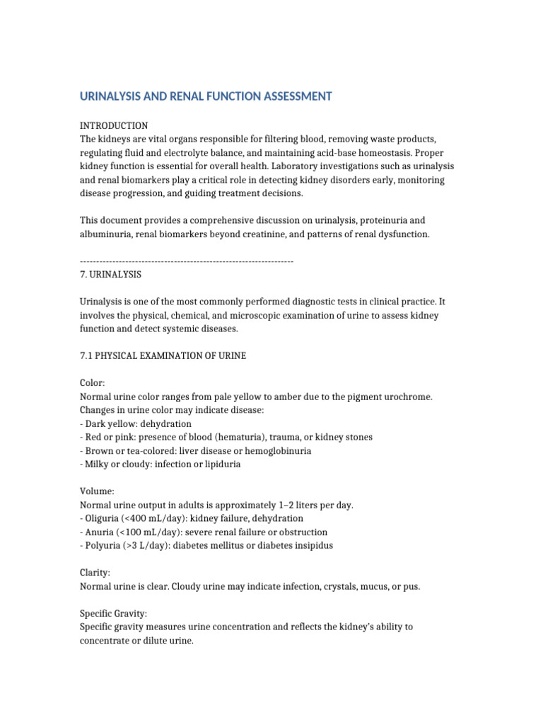 Urinalysis and Renal Function Assessment | PDF | Kidney | Urine