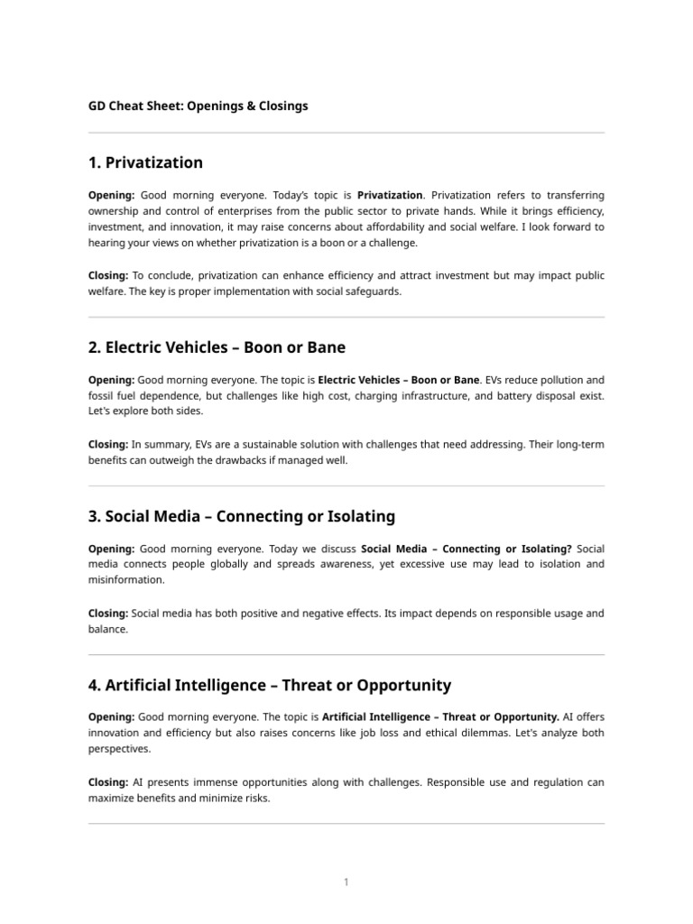GD Opening Closing Cheatsheet | PDF | Sustainability | Electric Vehicle