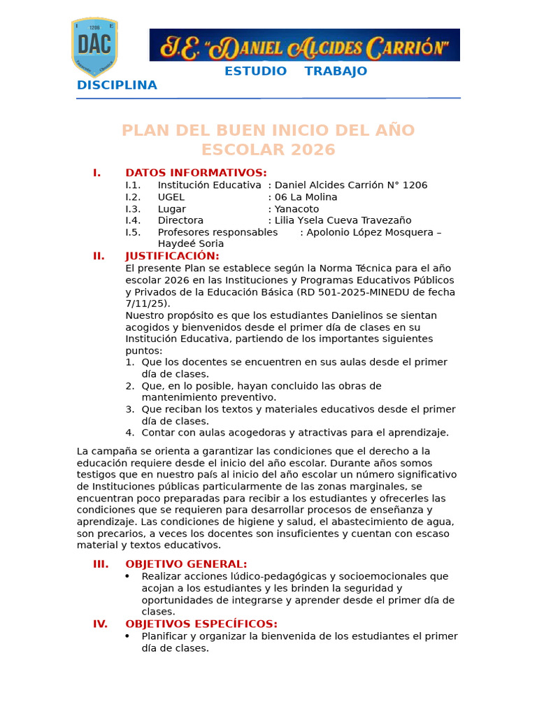 Plan Del Buen Inicio Del Año Escolar 2026 | PDF | Enseñando