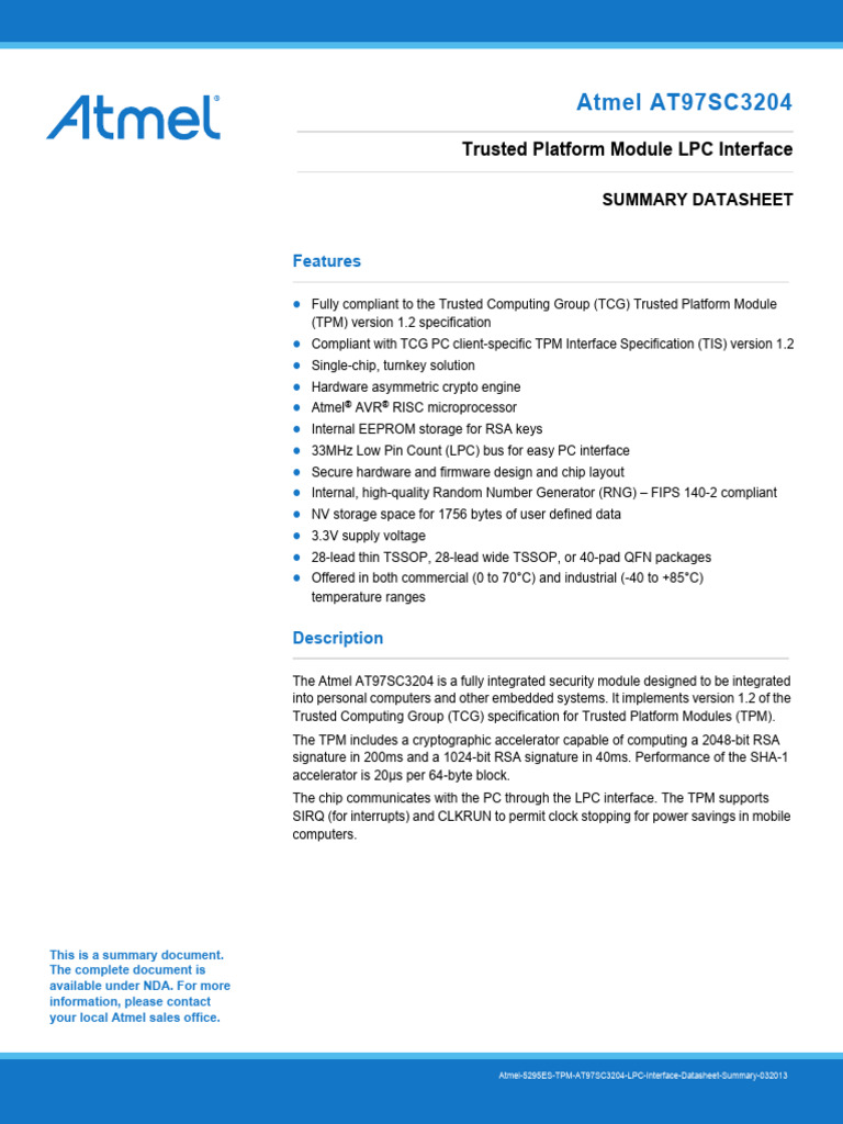 Atmel 5295S TPM AT97SC3204 LPC Interface Datasheet Summary | PDF ...
