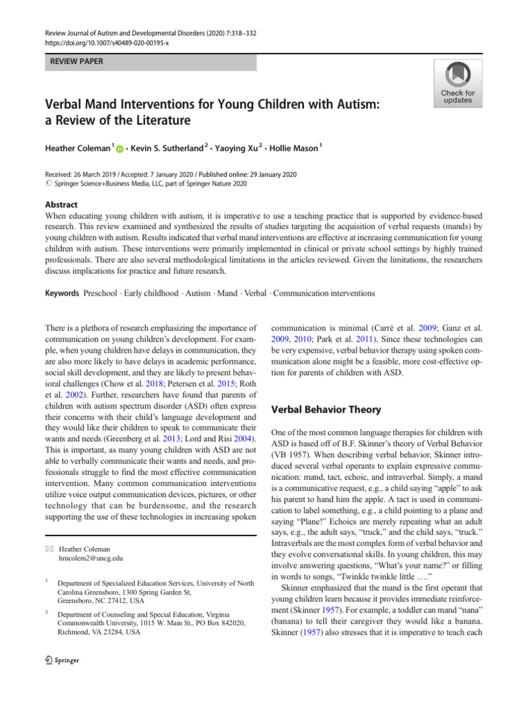 Verbal Mand Interventions For Young Children With Autism - A Review of ...