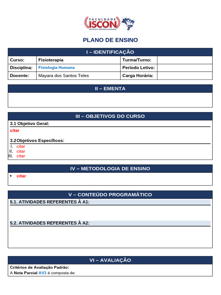 Modelo de Plano de Ensino - 2026.1 | PDF