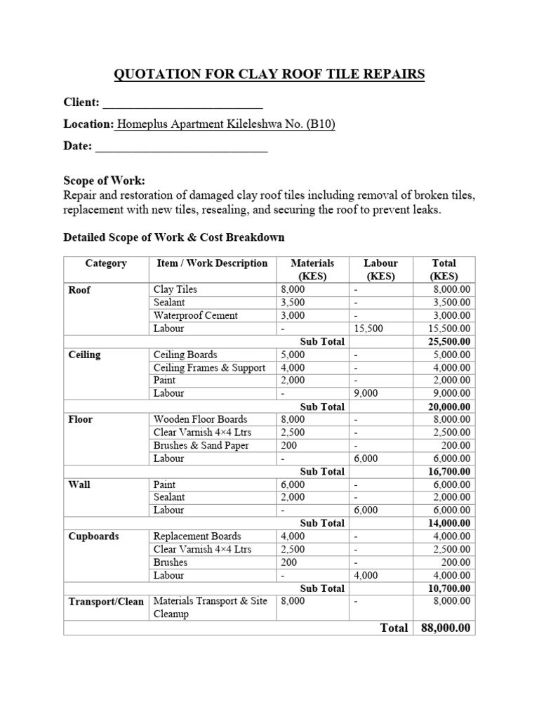 Quotation For Clay Roof Tile Repairs | PDF