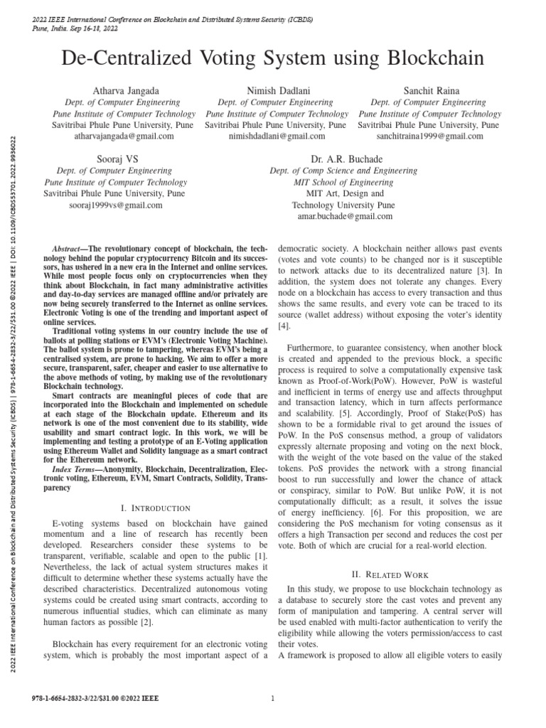 De-Centralized Voting System Using Blockchain | PDF | Elections | Web ...