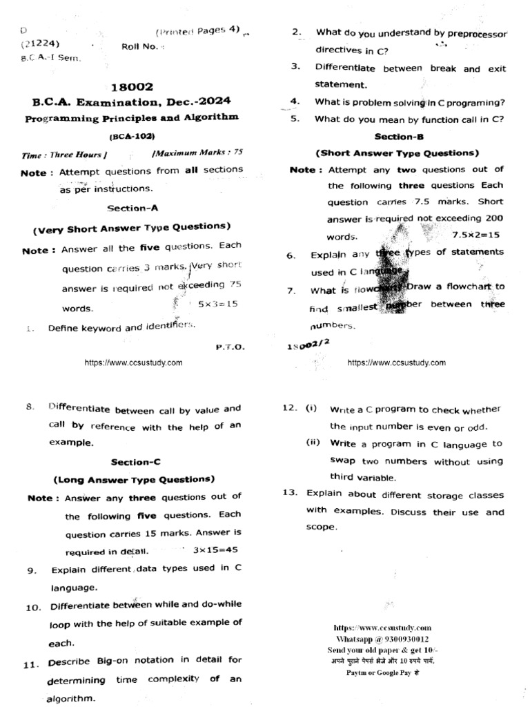 Bca 1 Sem Programming Principles and Algorithm 18002 Dec 2024 | PDF