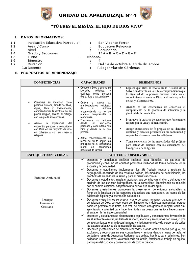Unidad de Aprendizaje 4 | PDF | Fe | Enseñando