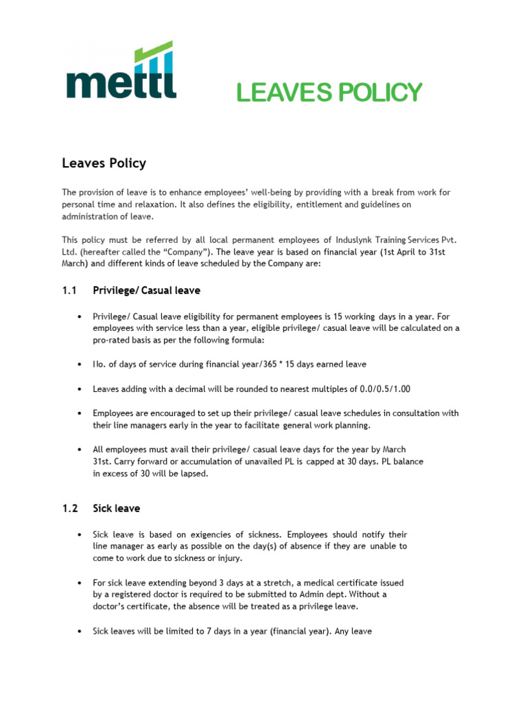 Leaves Policy V1.1 | PDF | Parental Leave | Sick Leave