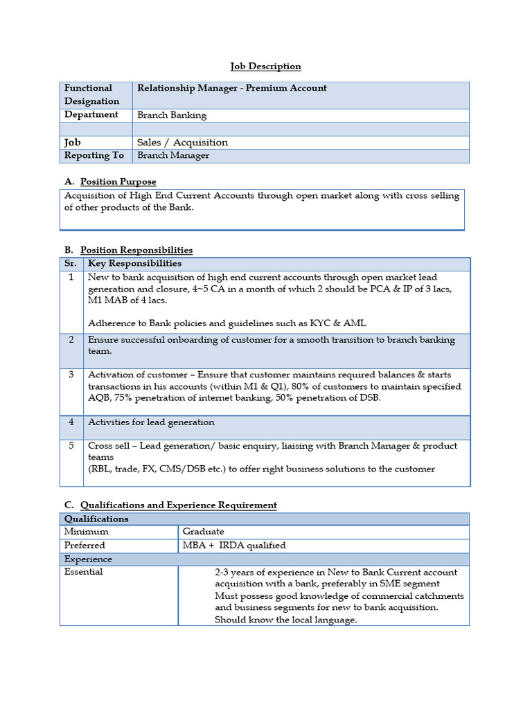 Job Description - Relationship Manager - Premium Accounts | PDF