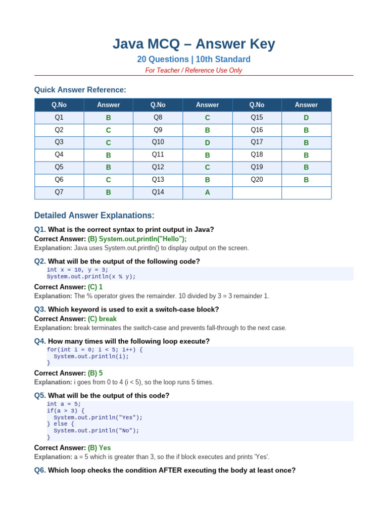 Java 20 MCQs Answer Key | PDF | Object Oriented Programming | Computer ...