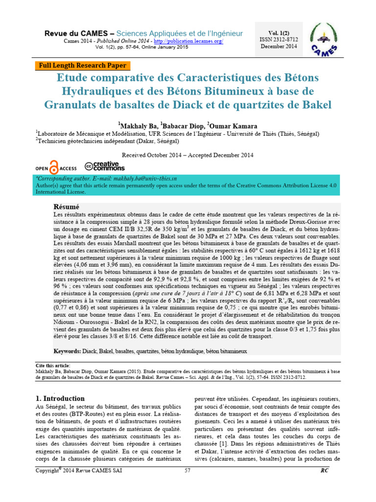 Etude Comparative Des Caracteristiques Des Bétons Hydrauliques Et Des ...