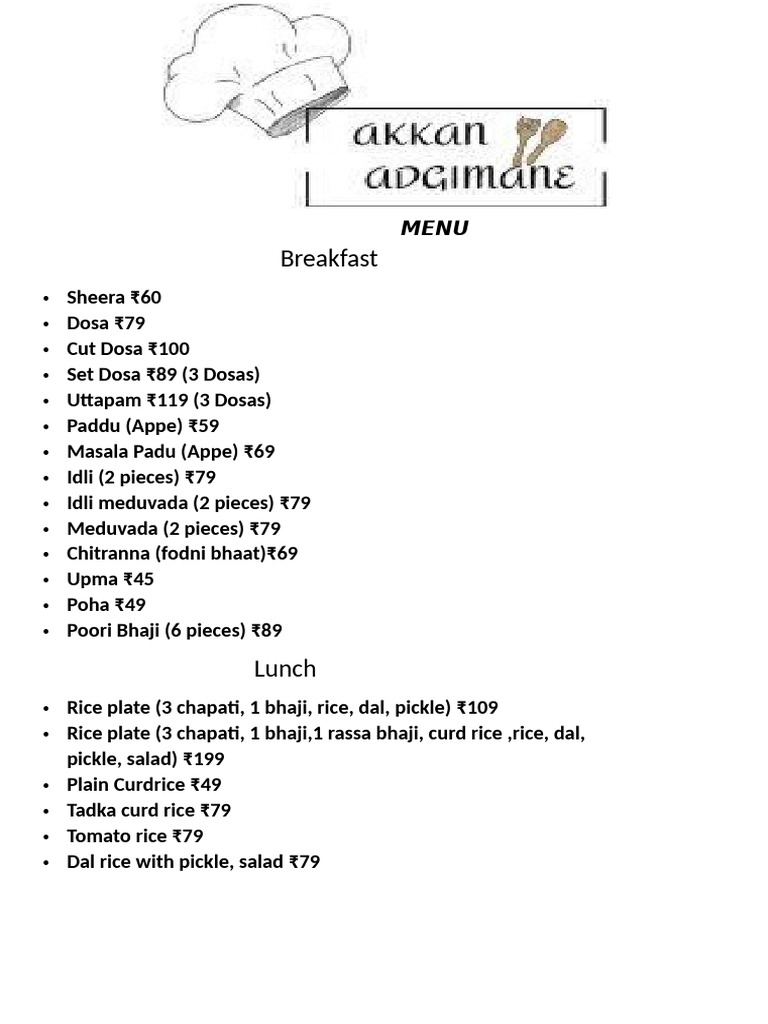 Akkan Adagimane Menu | PDF