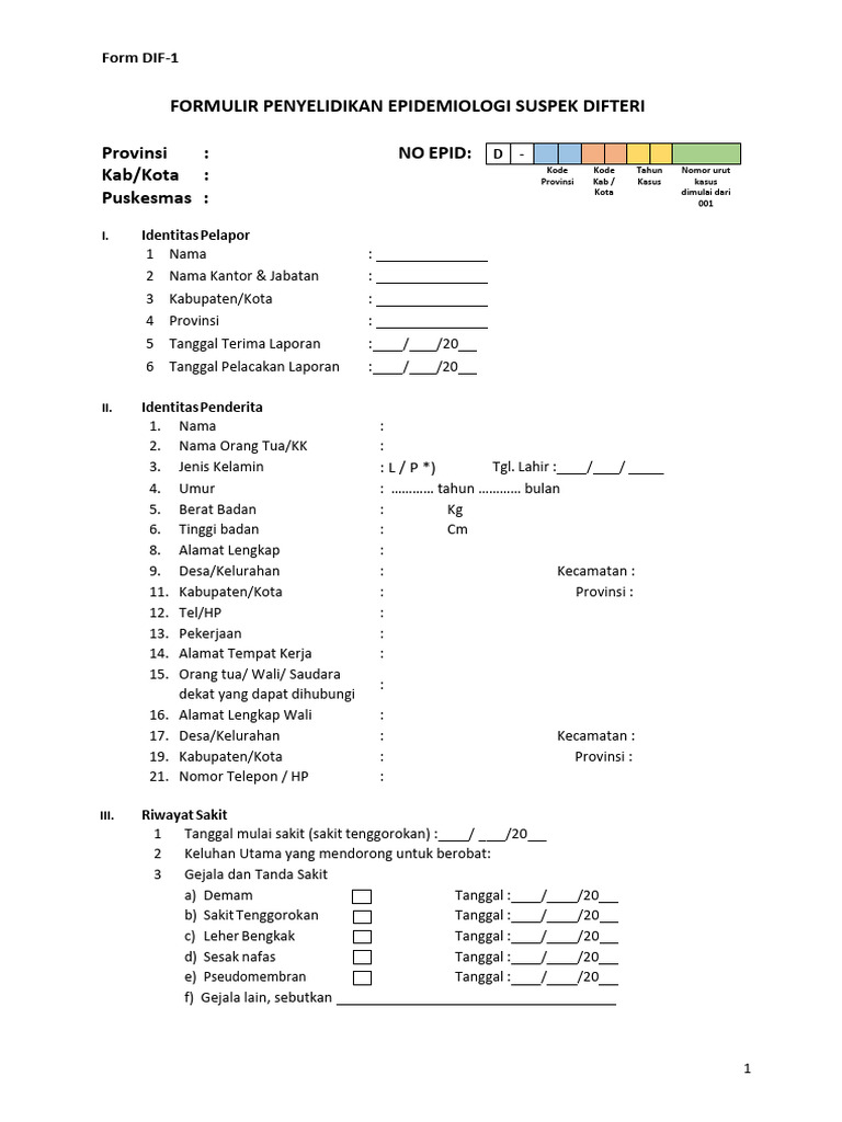 Form DIF-1 - Formulir Penyelidikan Epidemiologi Difteri | PDF