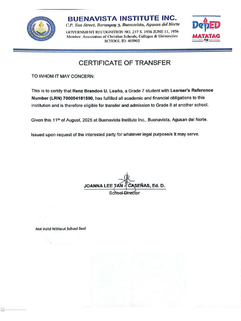 Transfer Certificate - Renz Brandon Leano | PDF