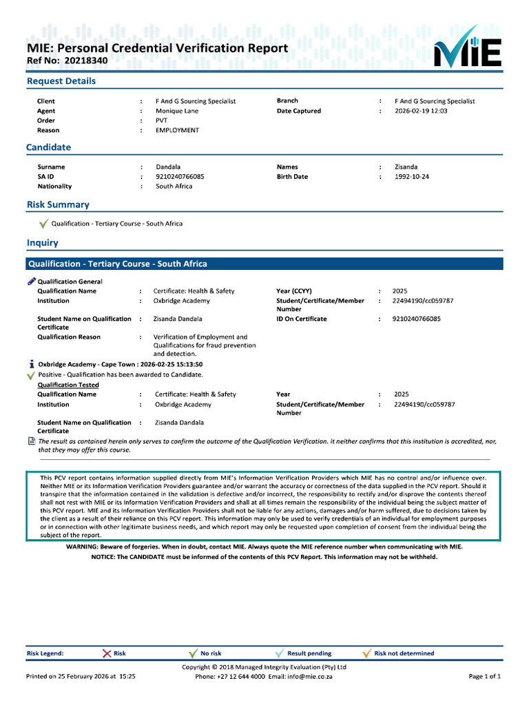 Mie Qualification Report - Zisanda Dandala | PDF