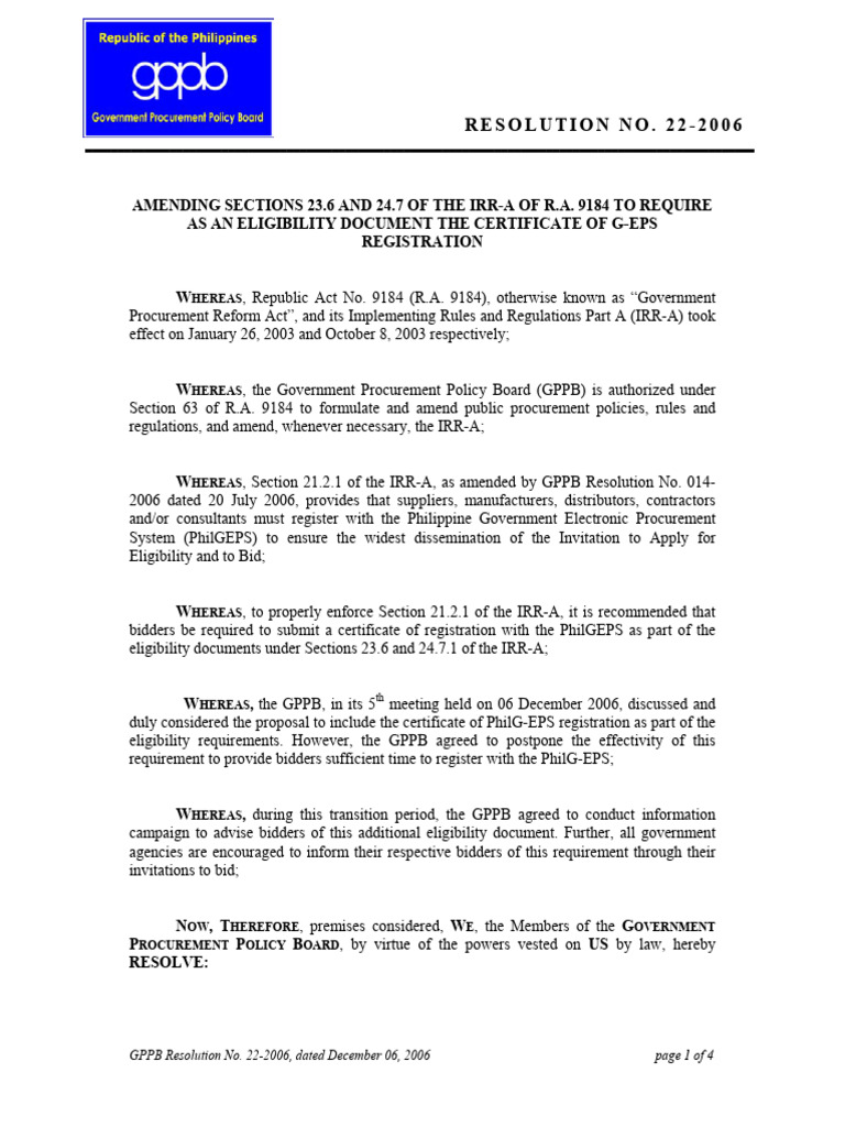 GPPB Resolution 22-2006 (Certificate of PhilGEPS Registration) | PDF ...
