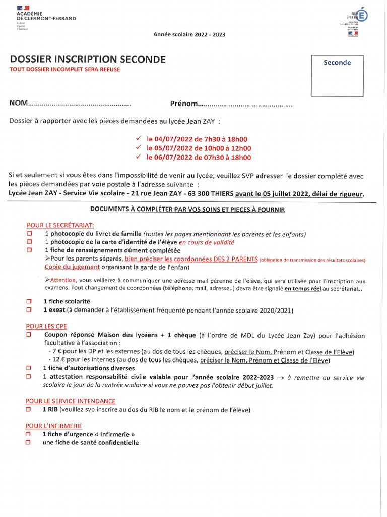 Dossier Inscription Seconde | PDF