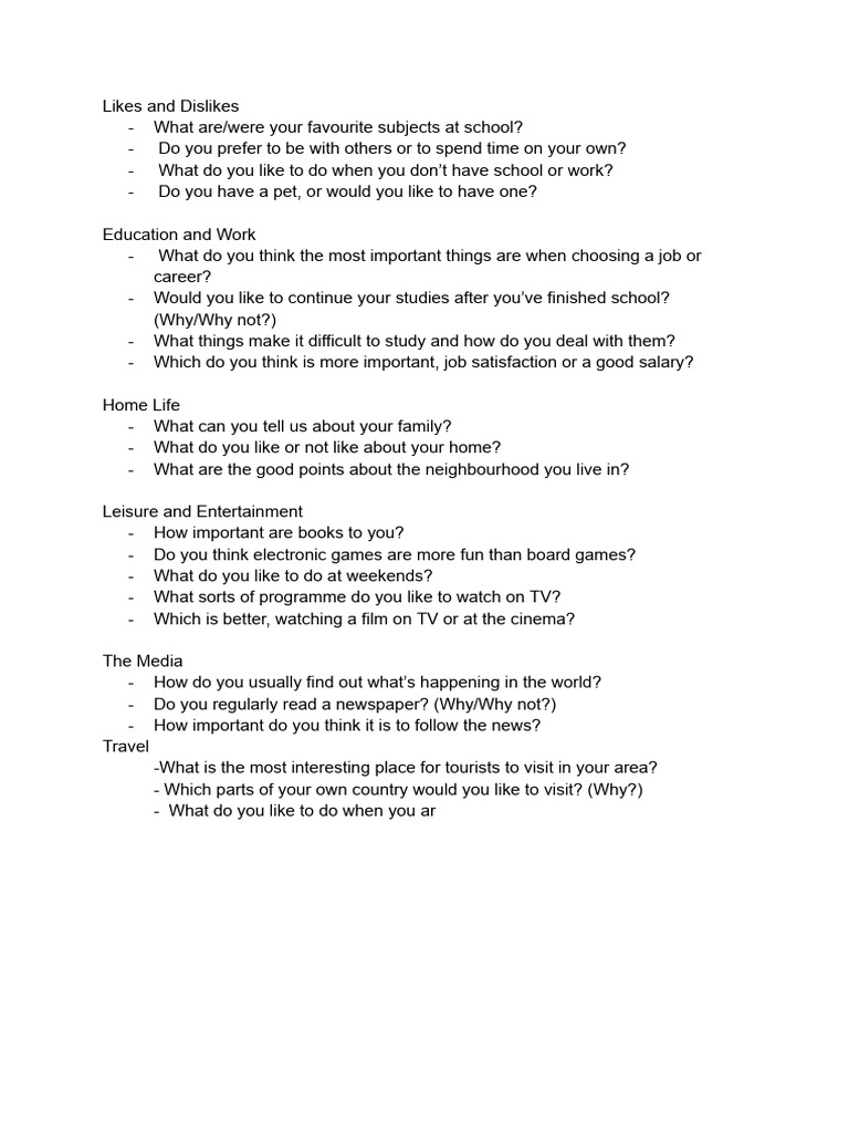 Part 1 Speaking Questions | PDF