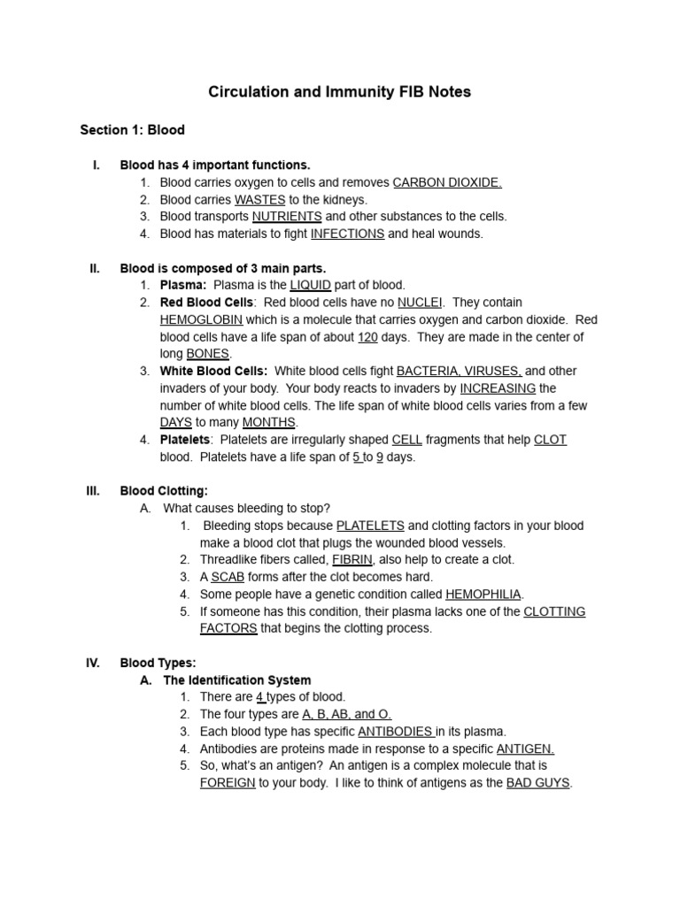 Circulation and Immunity FIB Notes | PDF