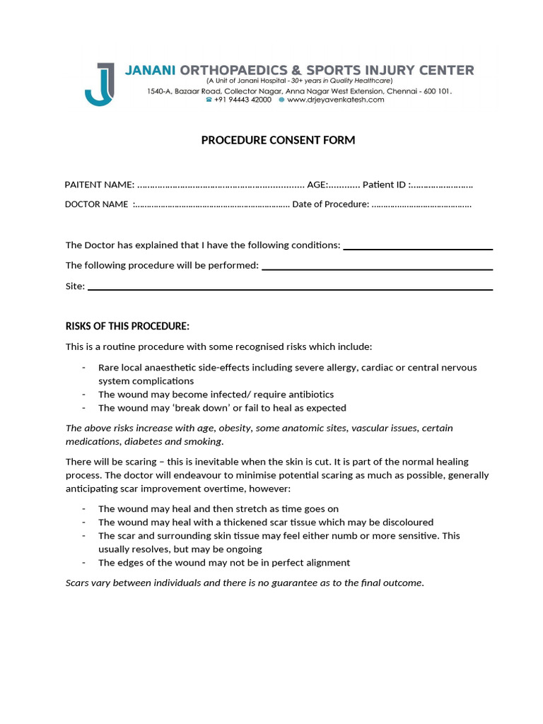 Procedure Consent Form (1) | PDF | Wound | Scar