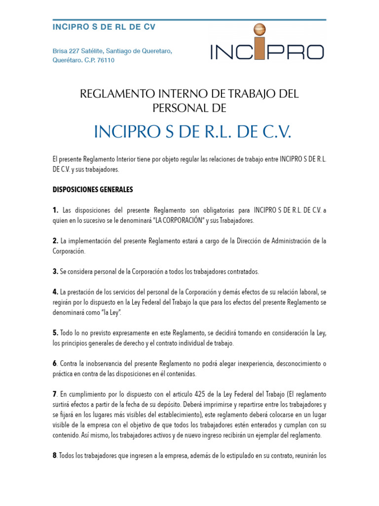 Reglamento Interno de Trabajo Incipro | PDF | Tiempo de trabajo | Salario