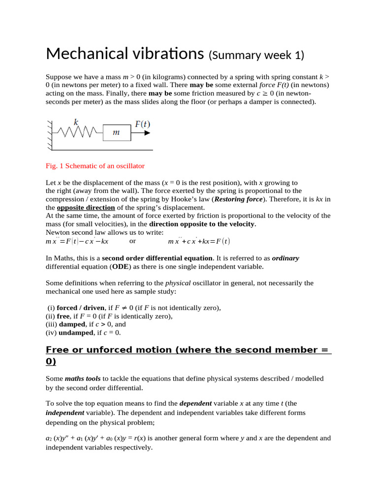 Mechanical Vibrations2024 - Summary Week 1 | PDF | Force | Equations