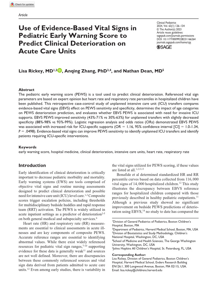 Rickey Et Al 2023 Use of Evidence Based Vital Signs in Pediatric Early ...