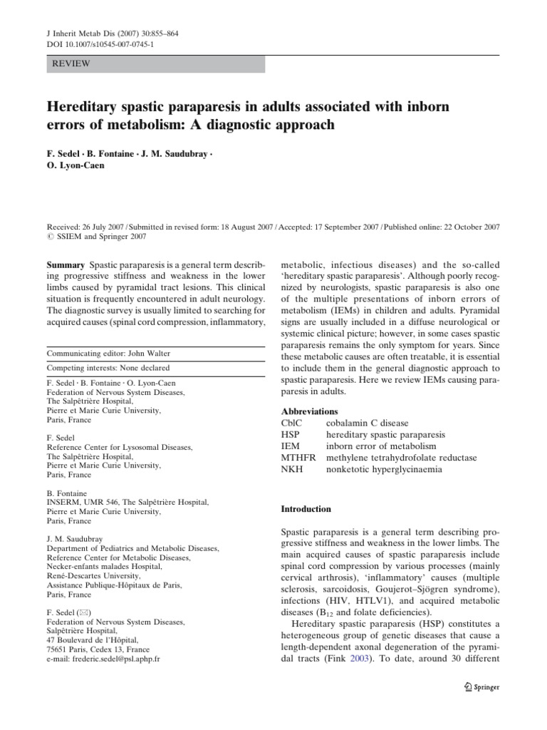 Hereditary Spastic Paraparesis in Adults Associated With Inborn Errors ...