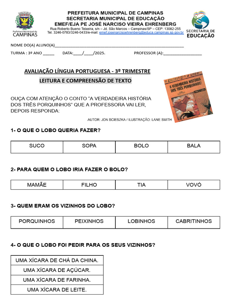 Avaliação de Língua Portuguesa 3º Ano Do Fund. 1 | PDF