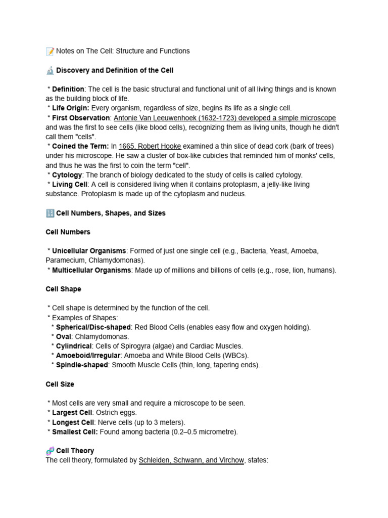 Notes on the Cell- Structure and Functions | PDF | Cell (Biology) | Vacuole