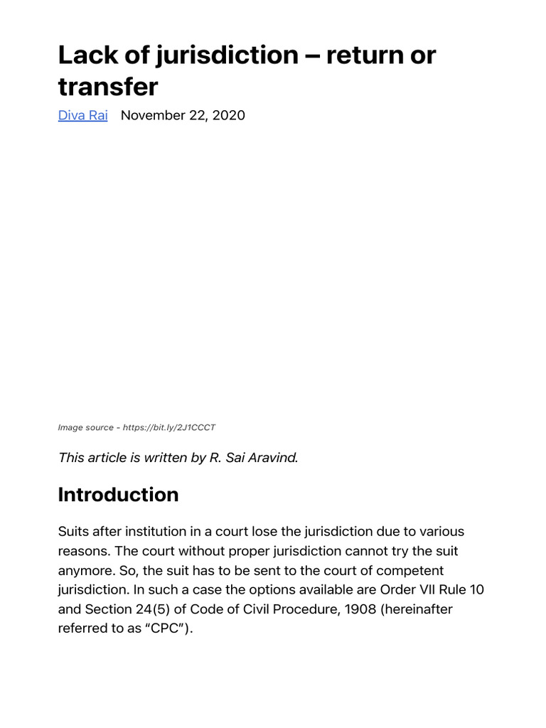 Lack of Jurisdiction - Return or Transfer - IPleaders | PDF | Lawsuit ...