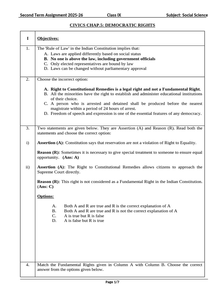 Democratic Rights Assignment Answer Key | PDF | Citizenship | Human Rights