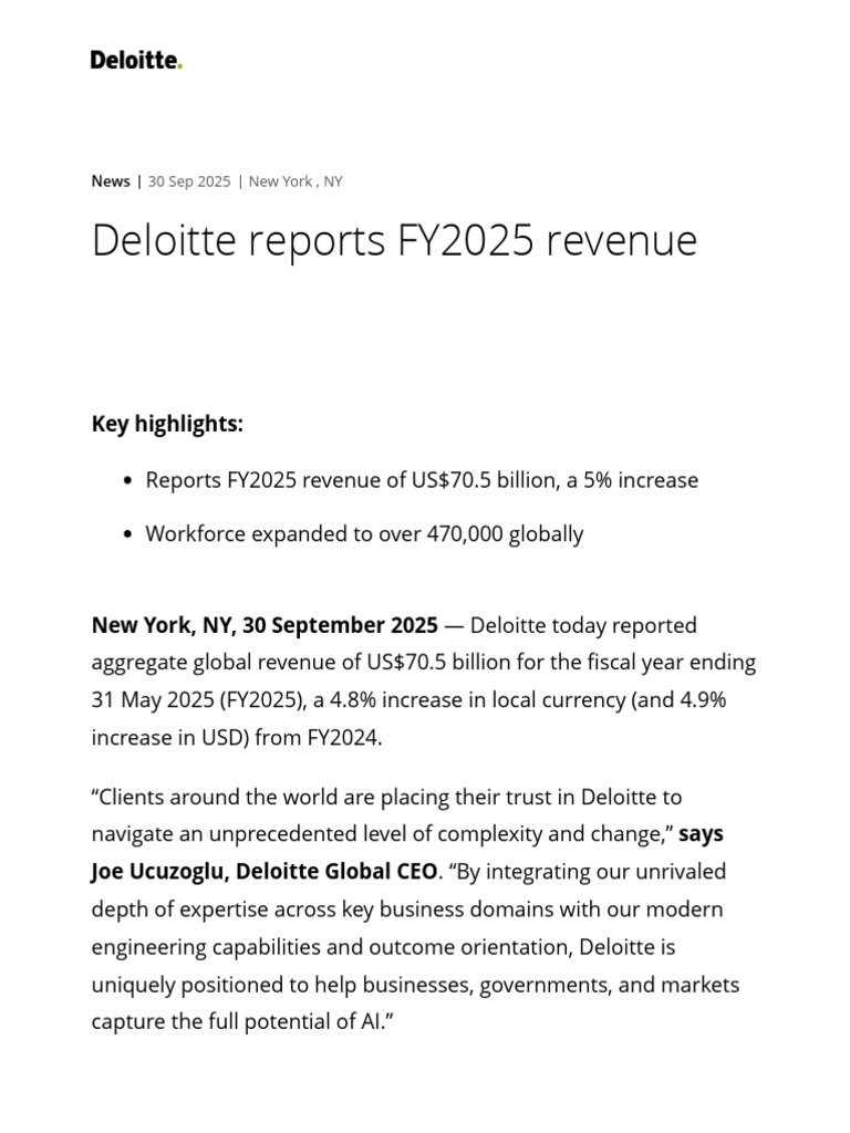 Deloitte Reports FY2025 Revenue - Deloitte Global | PDF | Artificial ...
