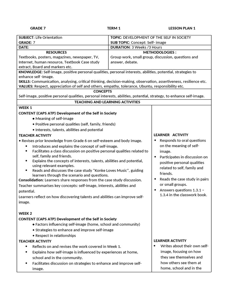 2026 Grade 7 Term 1 Lesson Plan 1 | PDF | Lesson Plan | Learning